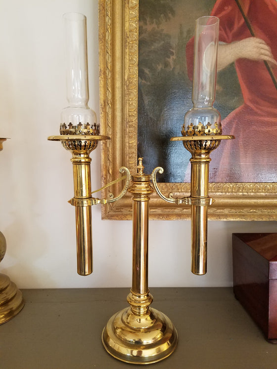 Double Arm Argand Style Lamp with glass chimneys
